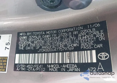 2007 Toyota Prius z USA, uszkodzony, nr VIN JTDKB20U477579769